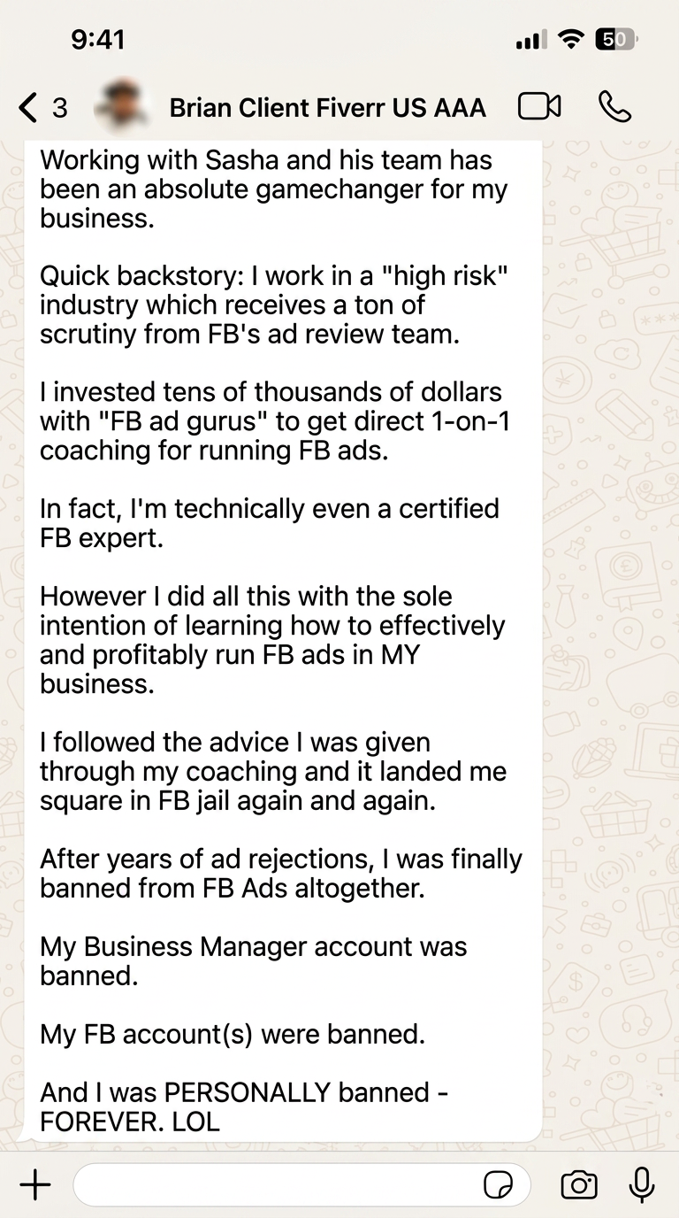 WhatsApp testimonial from Brian about working with Sasha